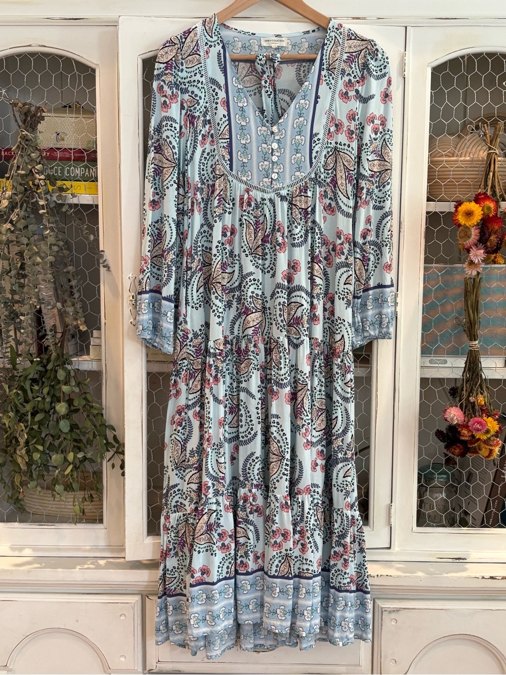 Boho Maxi Dress in Light Blue Floral Paisley